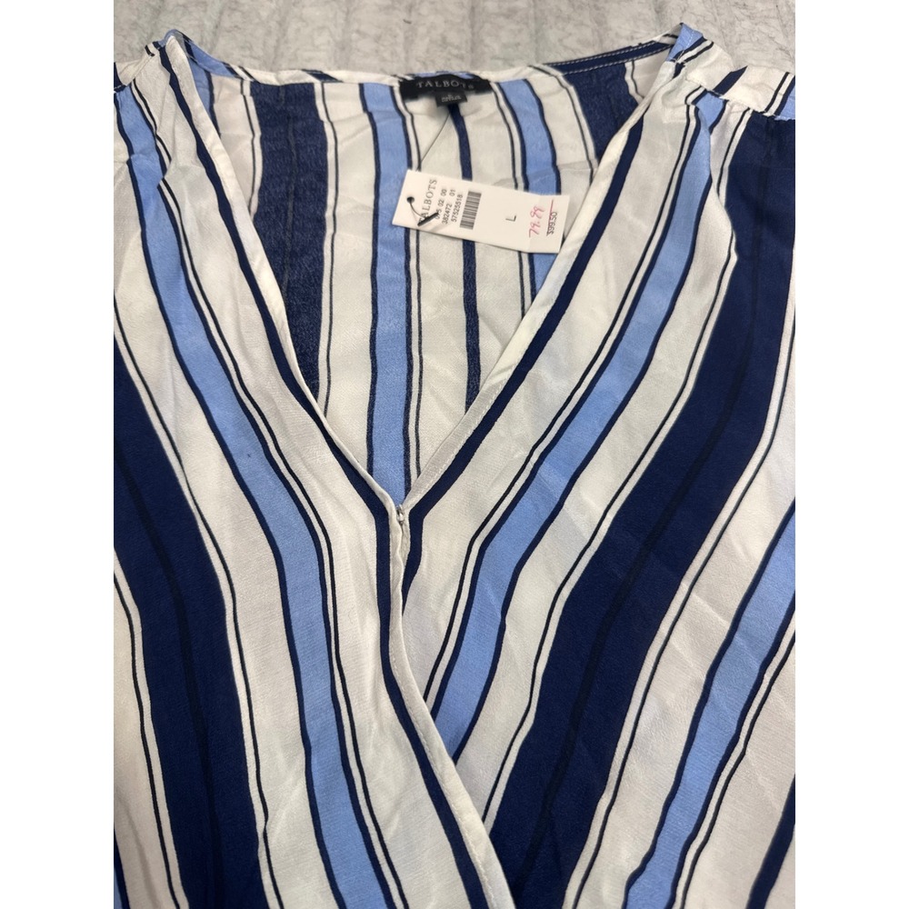 Talbots Blue White Striped Wrap Front Blouse Smocked Cuff Top Large NWT